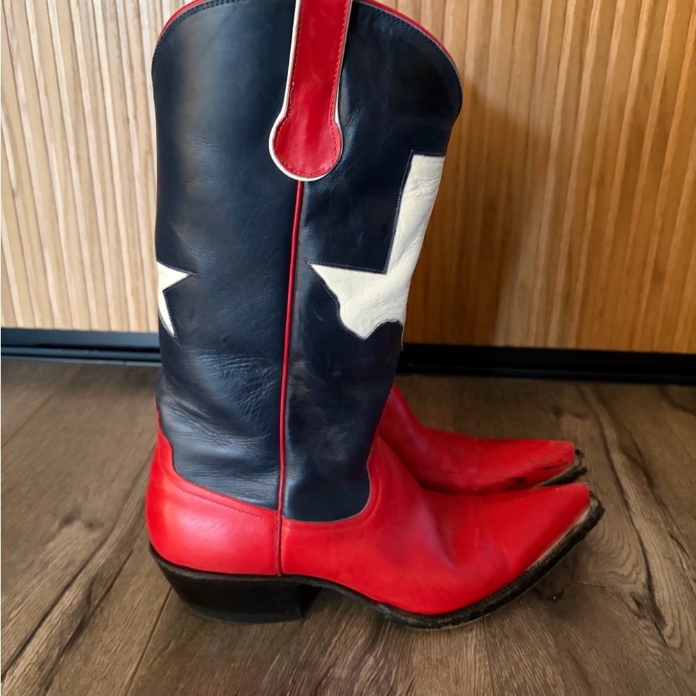 J.D. Newton Red and Navy Leather Cowboy Boots - Picture 2 of 6
